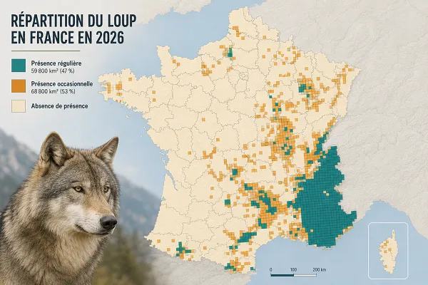 Carte de la présence du loup en France 2026 — répartition par massif selon les données OFB