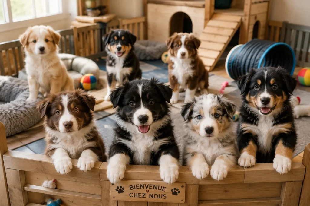 chiots bergers australiens dans un parc à chiots
