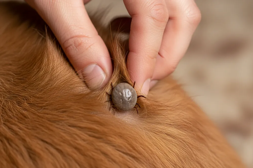 Tique gorgée de sang accrochée dans le poil d'un chien, écartée à la main.