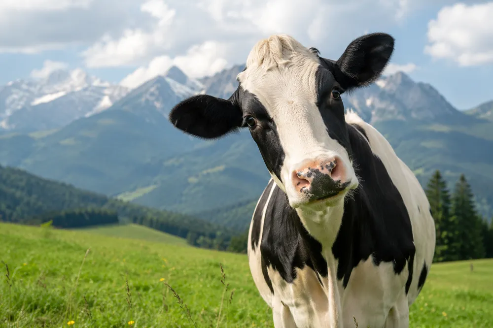 Une vache, animal en V familier, dans un pré