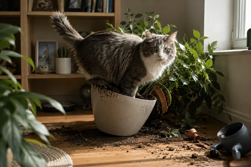 Chat qui fait pipi dans les plantes : pourquoi et comment l’empêcher