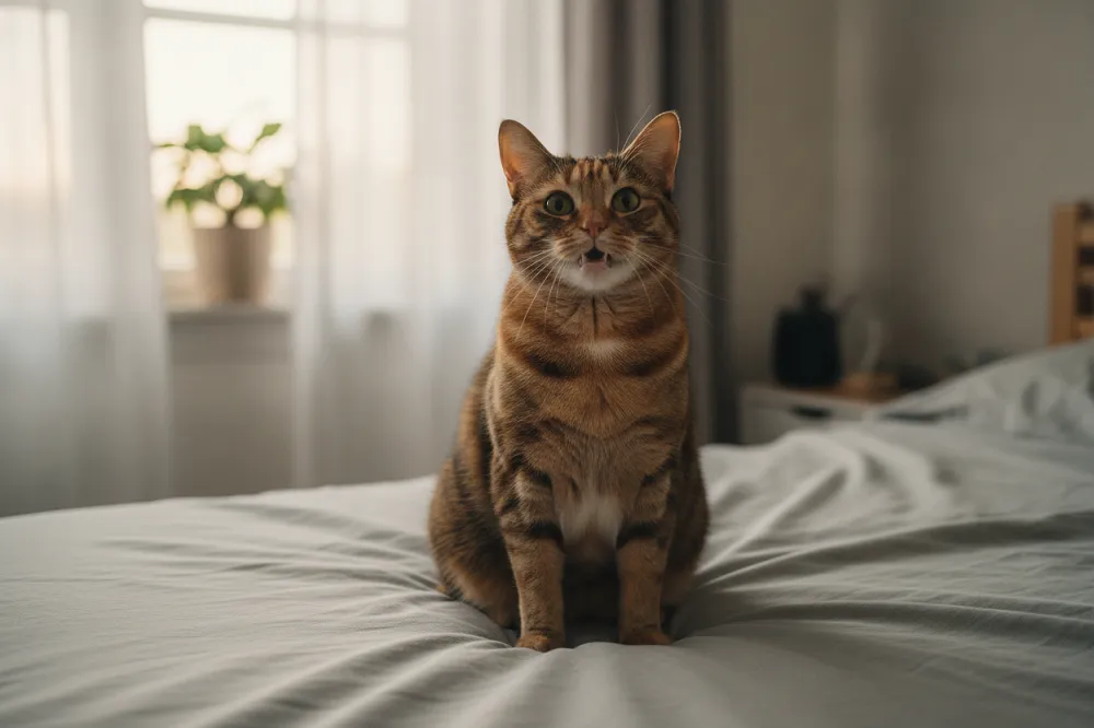 Chat assis sur un lit au lever du jour, la tête tournée vers l’objectif, en train de miauler.