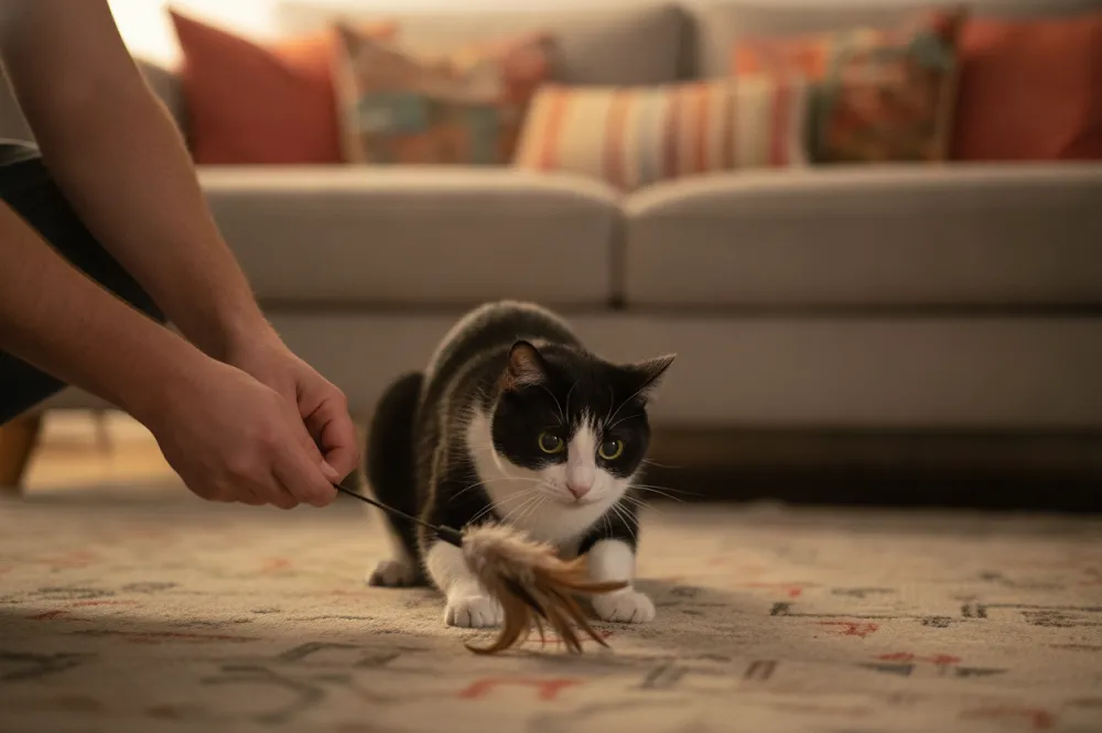 Séance de jeu avec une canne à plumes le soir : la première solution pour un chat qui miaule la nuit.