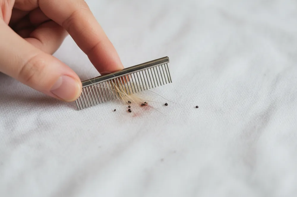 Un peigne à dents fines tapoté sur un linge blanc, révélant des points noirs de déjections de puces