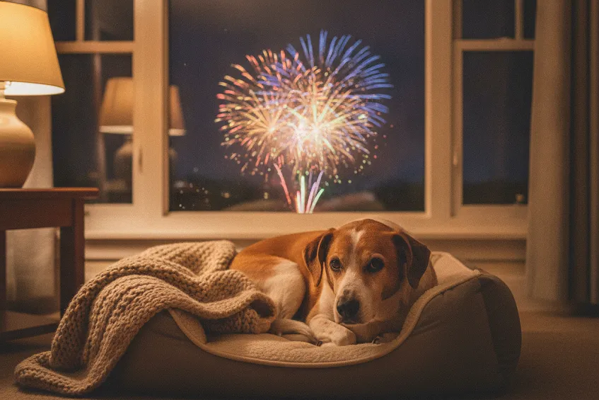 Chien et feux d'artifice