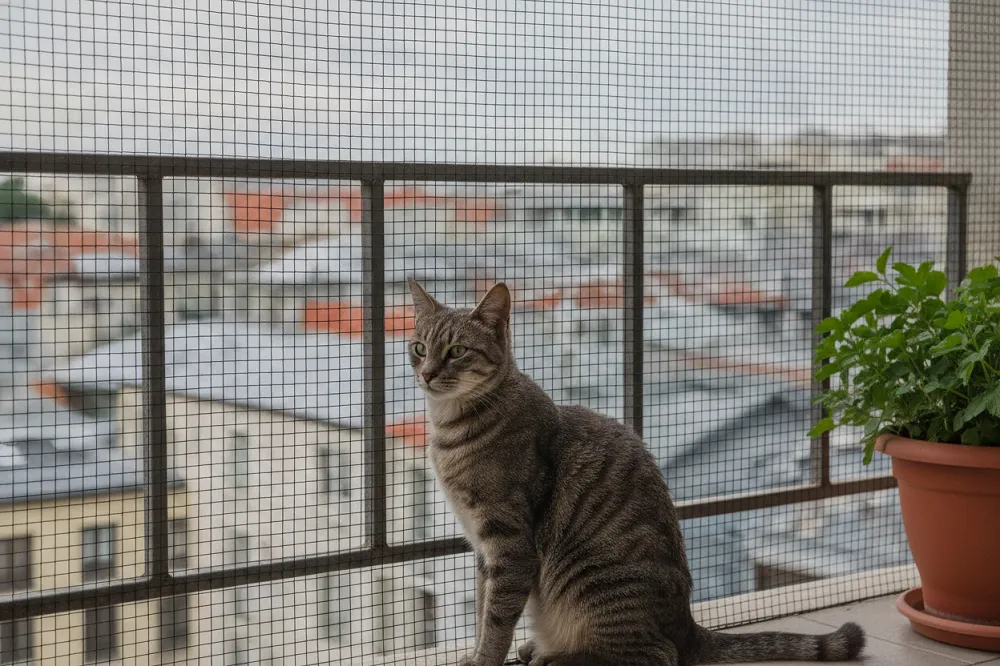Filet de protection à maille fine tendu sur un garde-corps de balcon, avec un chat assis derrière