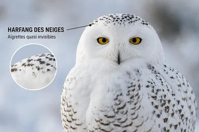 Harfang des neiges aux aigrettes minuscules et quasi invisibles