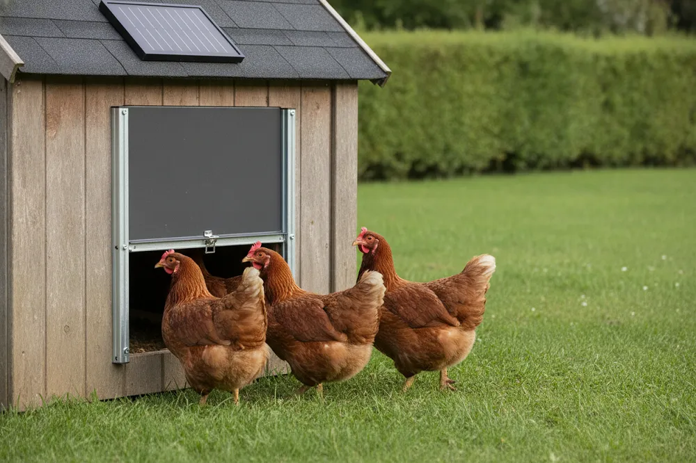 Porte automatique de poulailler ouverte sur son rail, avec les poules qui sortent au matin