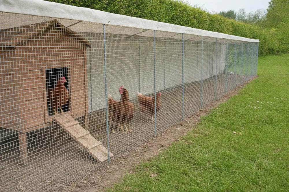 Poulailler en bois relié à un enclos grillagé où trois poules grattent le sol