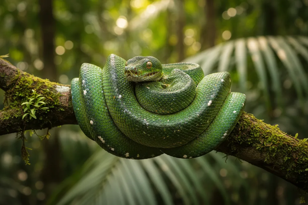 Un serpent vert enroulé sur une branche, tête relevée et immobile, l'animal du serpent signe chinois