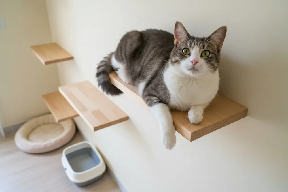 Chat perché sur une étagère murale dans une chatterie : la verticalité fait partie du programme de l’ACACED chat.