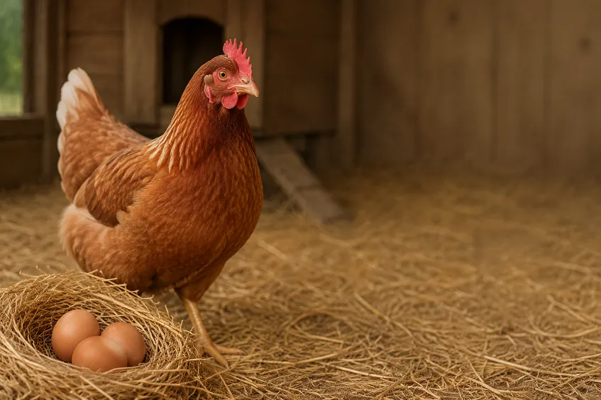 Une poule pondeuse à côté de ses œufs