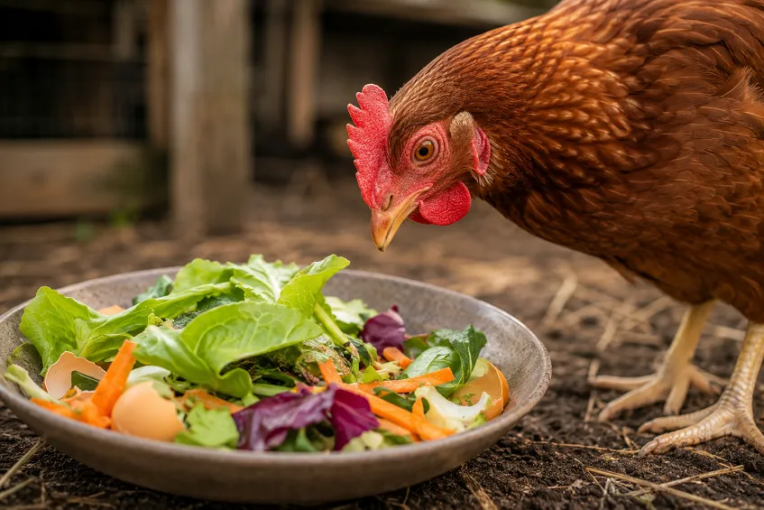Une poule devant des aliments