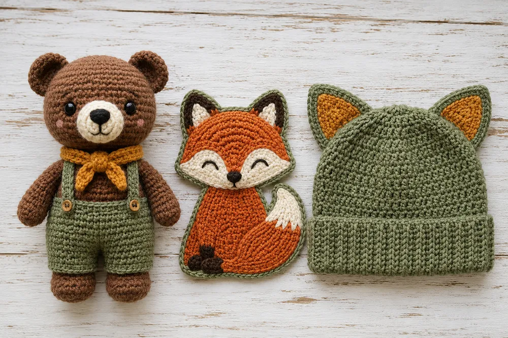 Trois formes d'animaux au crochet : un ours en volume, une applique renard plate et un bonnet à oreilles de chat