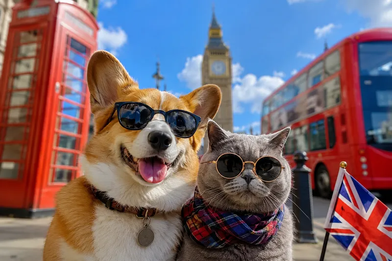 Un chien et un chat traversant un passage piéton londonien façon Abbey Road, illustrant les animaux en anglais