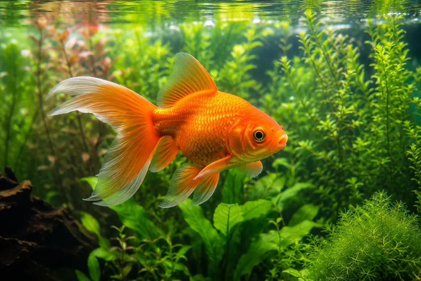 Durée de vie du poisson rouge : un poisson rouge en pleine santé dans un grand aquarium planté