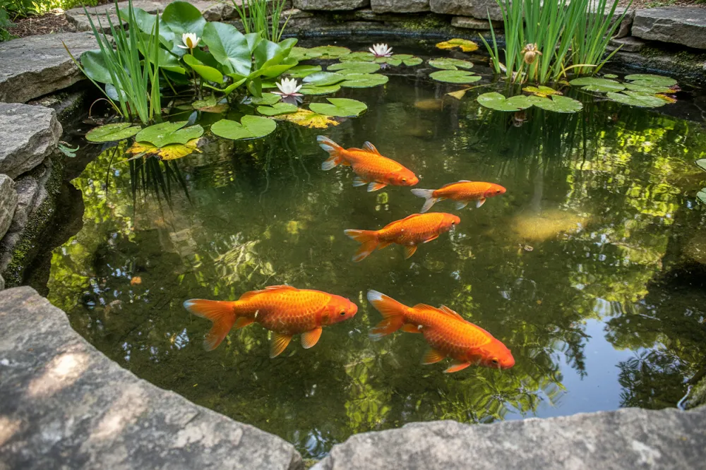 Poissons rouges dans un bassin extérieur planté, où ils vivent le plus longtemps.