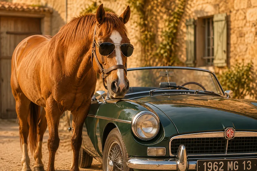 Pourquoi dit-on chevaux pour les voitures : un cheval à côté d'une voiture