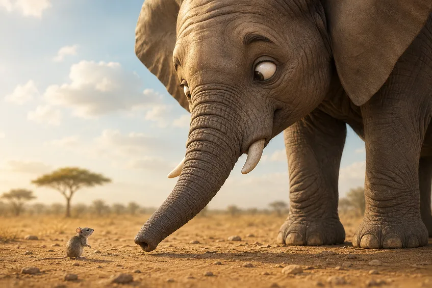 Pourquoi les éléphants ont peur des souris : un éléphant face à une petite souris