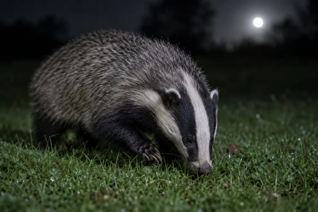 Un blaireau fouille une pelouse la nuit à la recherche de vers de terre