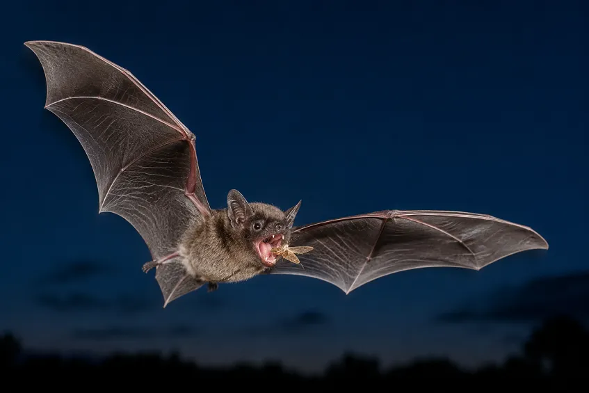 Pipistrelle en plein vol capturant un papillon de nuit au crépuscule
