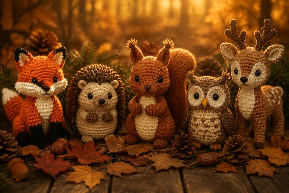 Renard, hérisson, écureuil, chouette et biche au crochet posés sur des feuilles d'automne