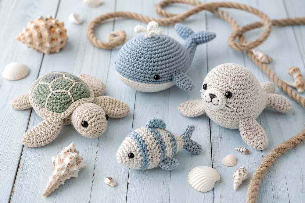Tortue, baleine, phoque et poisson au crochet sur un fond de bois bleu pâle