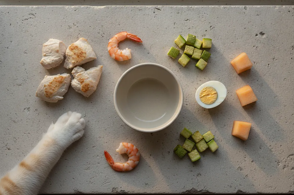 Aliments sans risque pour le chat — poulet cuit, œuf dur, crevettes, courgette et melon autour d'une gamelle en céramique