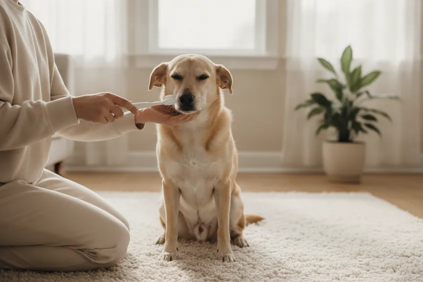 Personne agenouillée brossant les dents de son chien calmement dans un salon