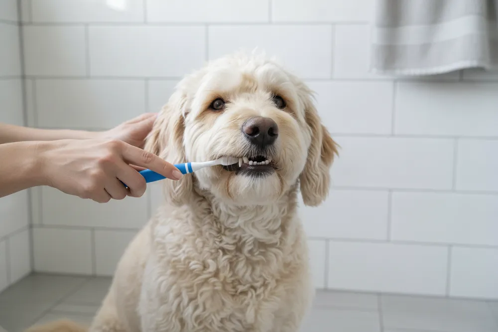 Brossage des dents d'un chien avec une brosse adaptée, le geste qui évite un détartrage