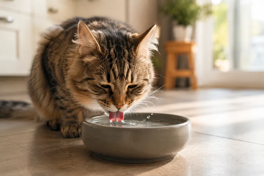 Chat qui boit beaucoup d'eau