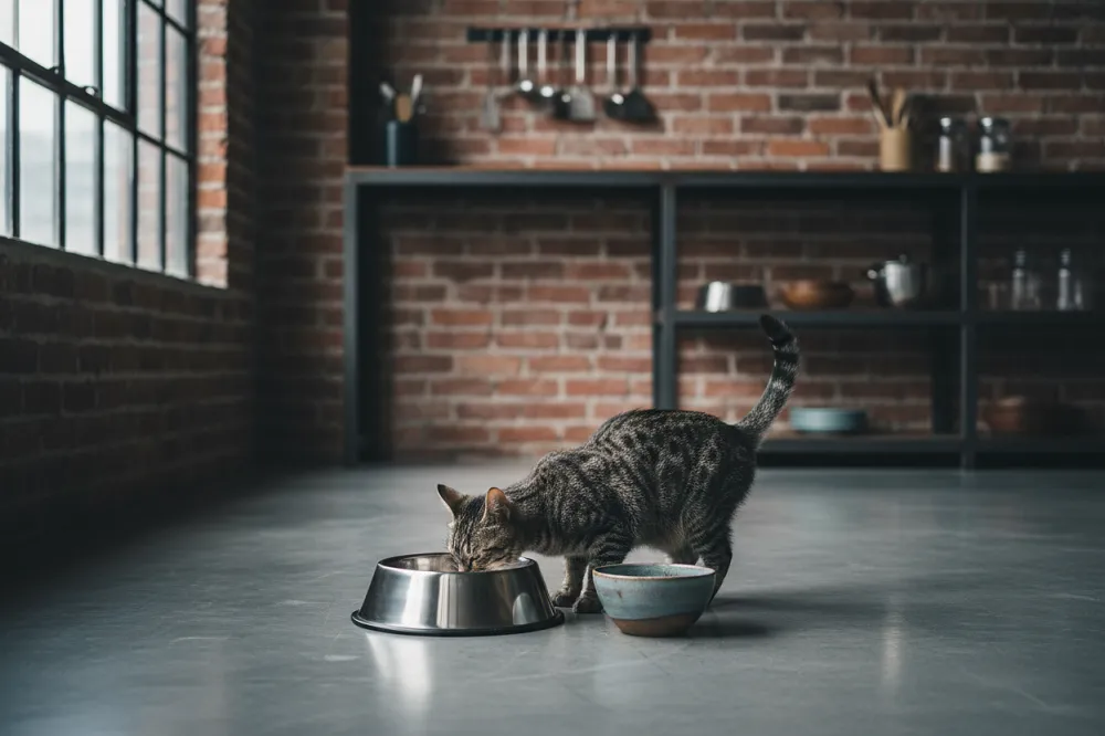Chat mangeant dans la gamelle du chien, une habitude qui provoque une carence en taurine