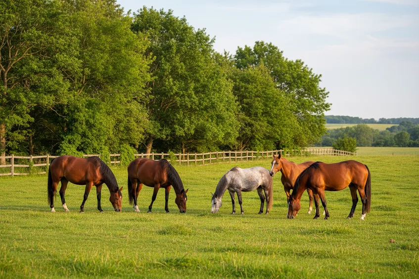 Vermifugation du cheval : trois chevaux paissant ensemble dans un pré vert, vus à distance, calmes et en bonne santé.