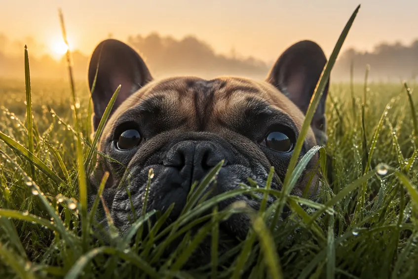 Exposition canine Montluçon 2026 : les rendez-vous majeurs de l'année 2 Chien qui a mangé une limace : museau baissé dans l'herbe haute et mouillée au petit matin, les brins couverts de rosée.