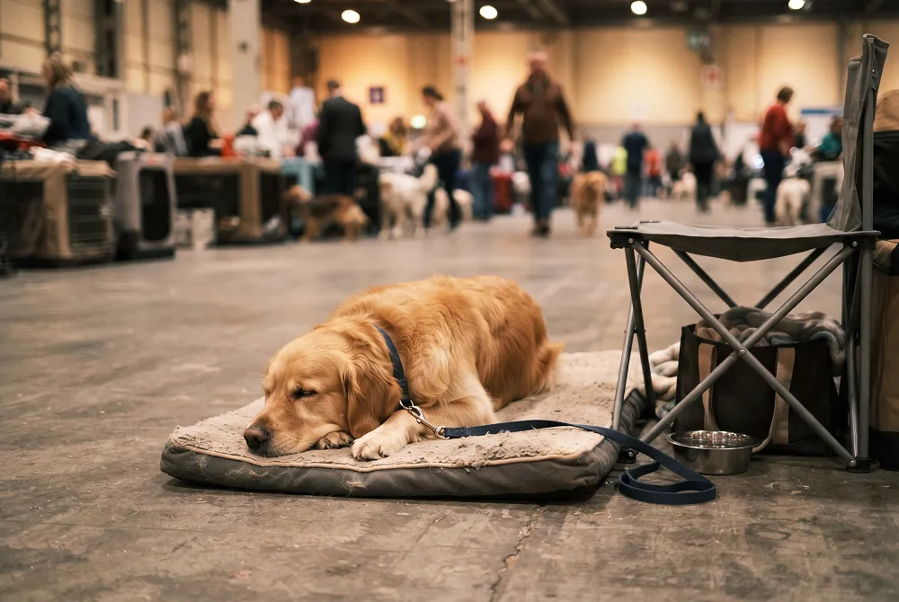 Exposition canine de Dole : un chien allongé sur un tapis épais posé à même le sol d'un hall, à côté d'une chaise pliante et d'un sac.