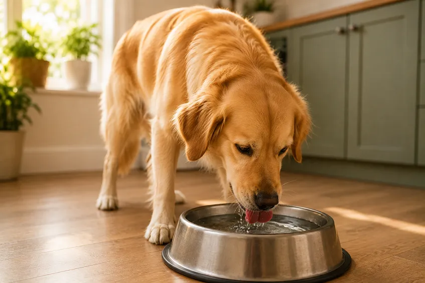Chien qui boit beaucoup d'eau à sa gamelle