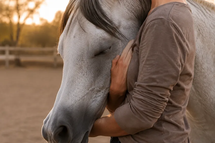 Cheval Arabe pur sang gris posant sa tête contre la poitrine d'une personne qui l'entoure de ses bras, les yeux mi-clos, dans une lumière de fin de journée.