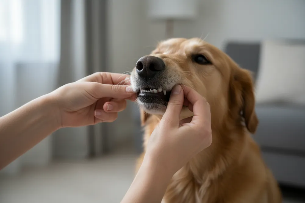 Vérification de la couleur des gencives d'un chien, roses et non pâles, après qu'il a mangé un rat mort