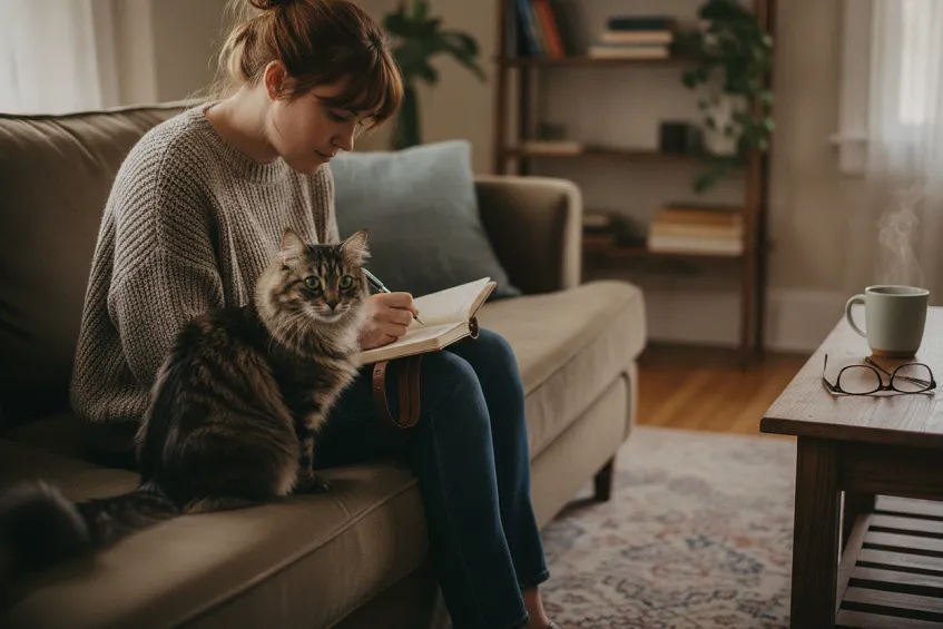 Chat assis sur un canapé à côté d'un carnet ouvert et d'une femme qui prend des notes