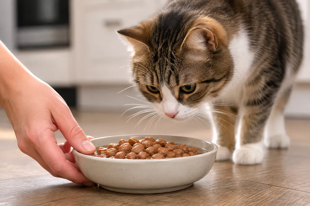 Gamelle large et croquettes humidifiées pour un chat difficile