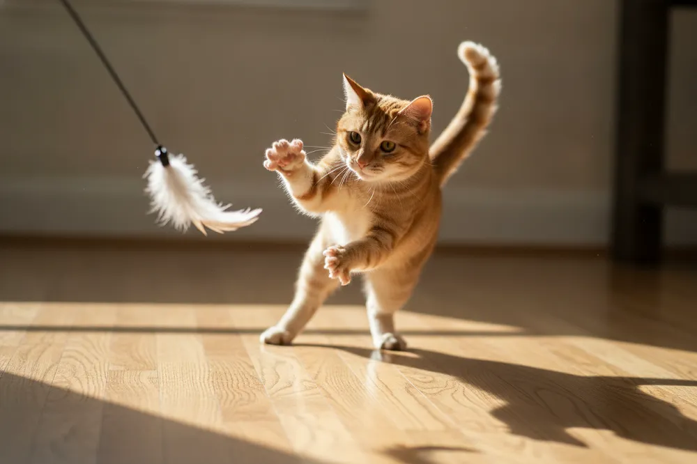 Un chat en plein bond sur un parquet, pattes avant levées, poursuivant une canne à plume qui rase le sol.
