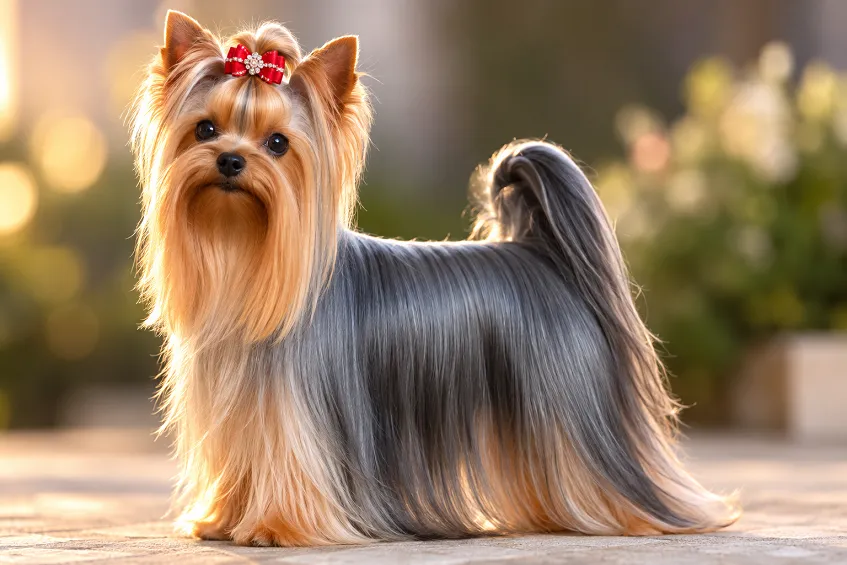 Yorkshire Terrier en exposition, poil long soyeux