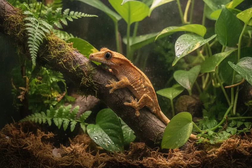 Gecko à crête agrippé à une branche en diagonale, ses crêtes au-dessus des yeux bien visibles.