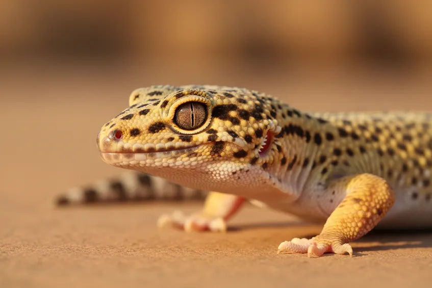 Gecko léopard vu de profil, ses paupières bien visibles.