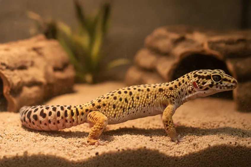 Que mange un gecko : gecko léopard tacheté sur un substrat sableux, la queue épaisse et bien remplie.