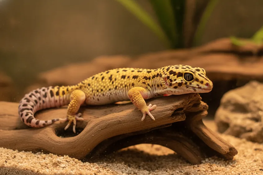 Gecko léopard à la peau tachetée posé sur un morceau de bois sec dans son terrarium.