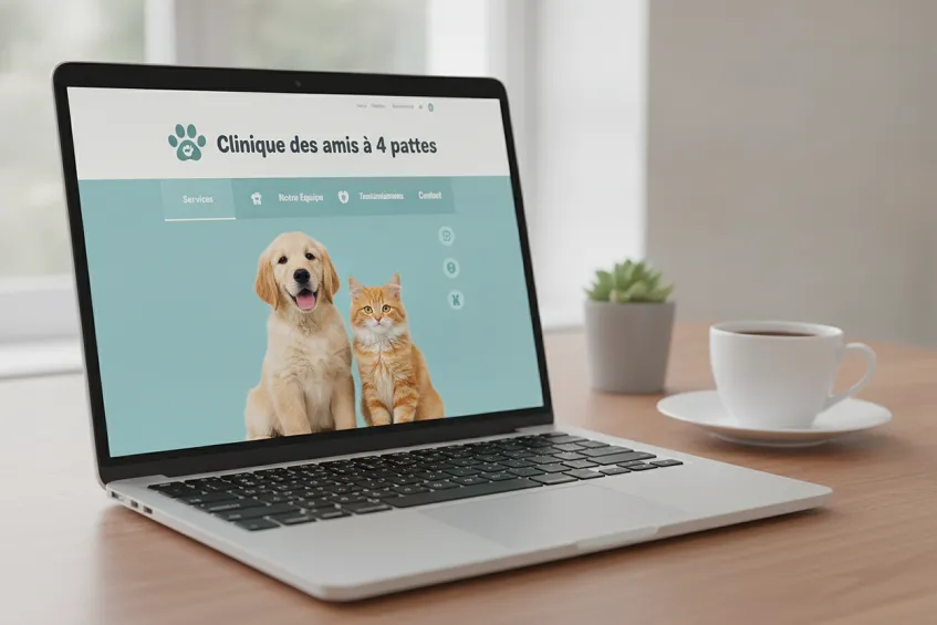 Combien de croquettes donner à ton chien par jour ? 3 page d'accueil d'un site internet vétérinaire avec une image d'un chien et d'un chat