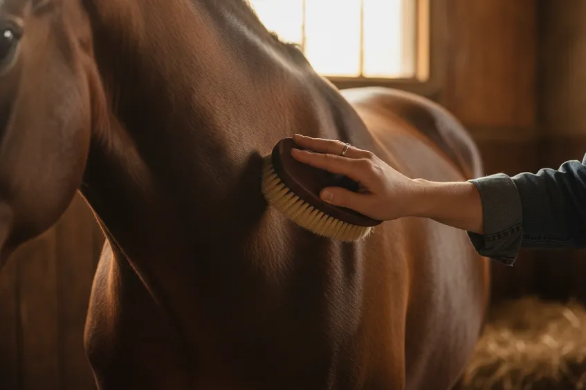 Main brossant l'encolure d'un cheval brun dans le sens du poil, animal calme et tête basse.