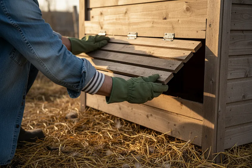 Mains gantées ouvrant la trappe en bois d'un poulailler de jardin en fin de journée.