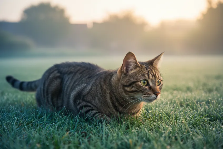 Chat en position de chasse dans l'herbe à l'aube, à l'affût d'une proie